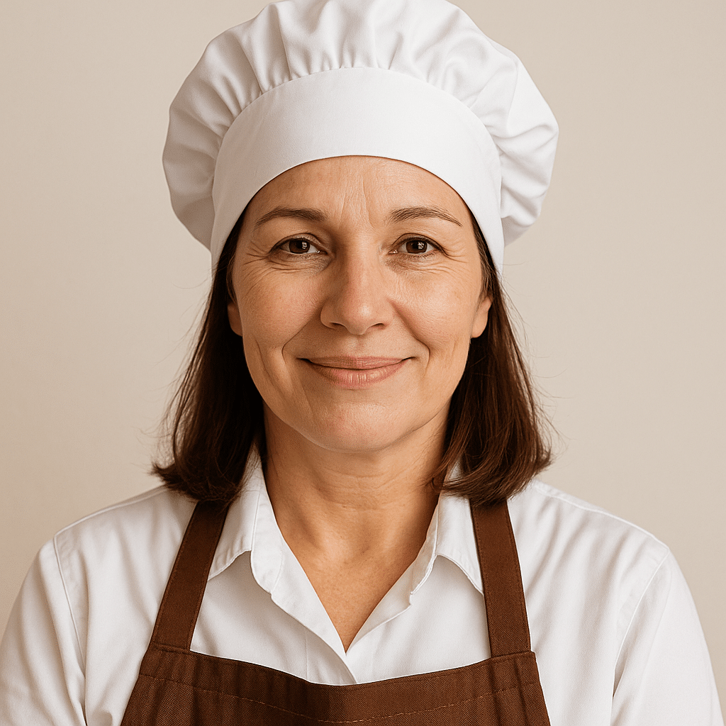 About us 1 Portrait of a smiling middle-aged female baker in a white chef hat and brown apron, standing in a cozy rustic kitchen with cupcakes on the counter